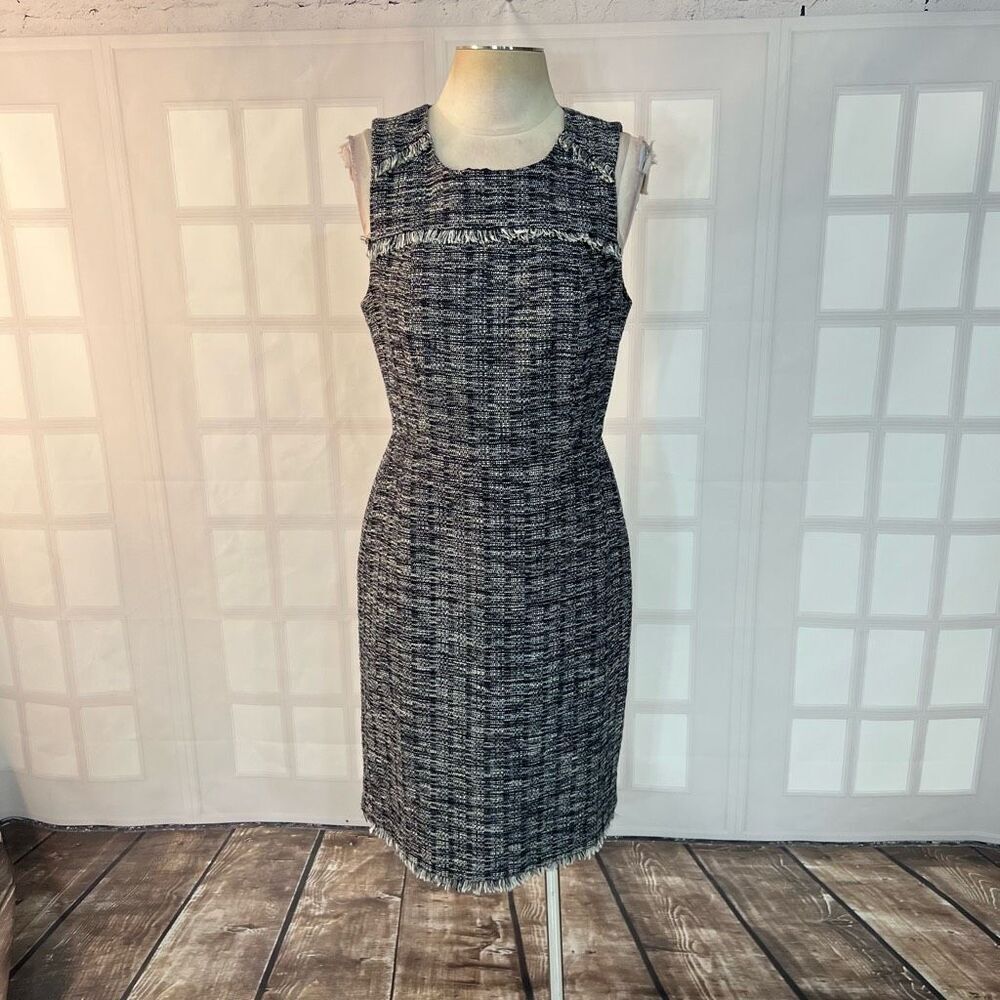 J crew sleeveless tweed sheath dress with fringe accents size 6